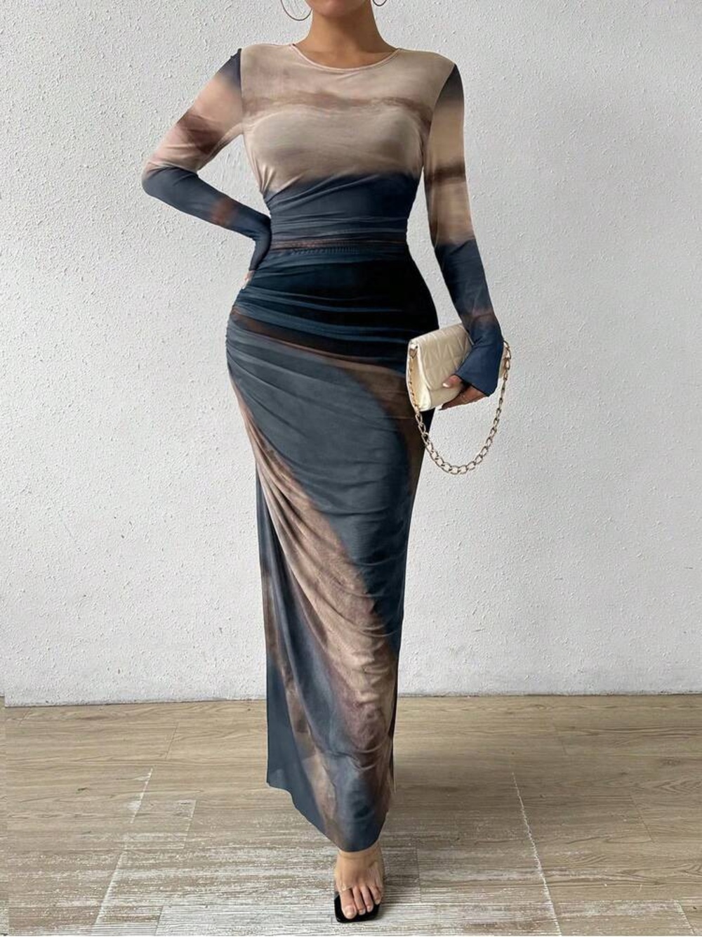 LUXURY Watercolor Tie Dye Mesh Maxi Dress Ruched Side Long Sleeve Nude/Blue - XL